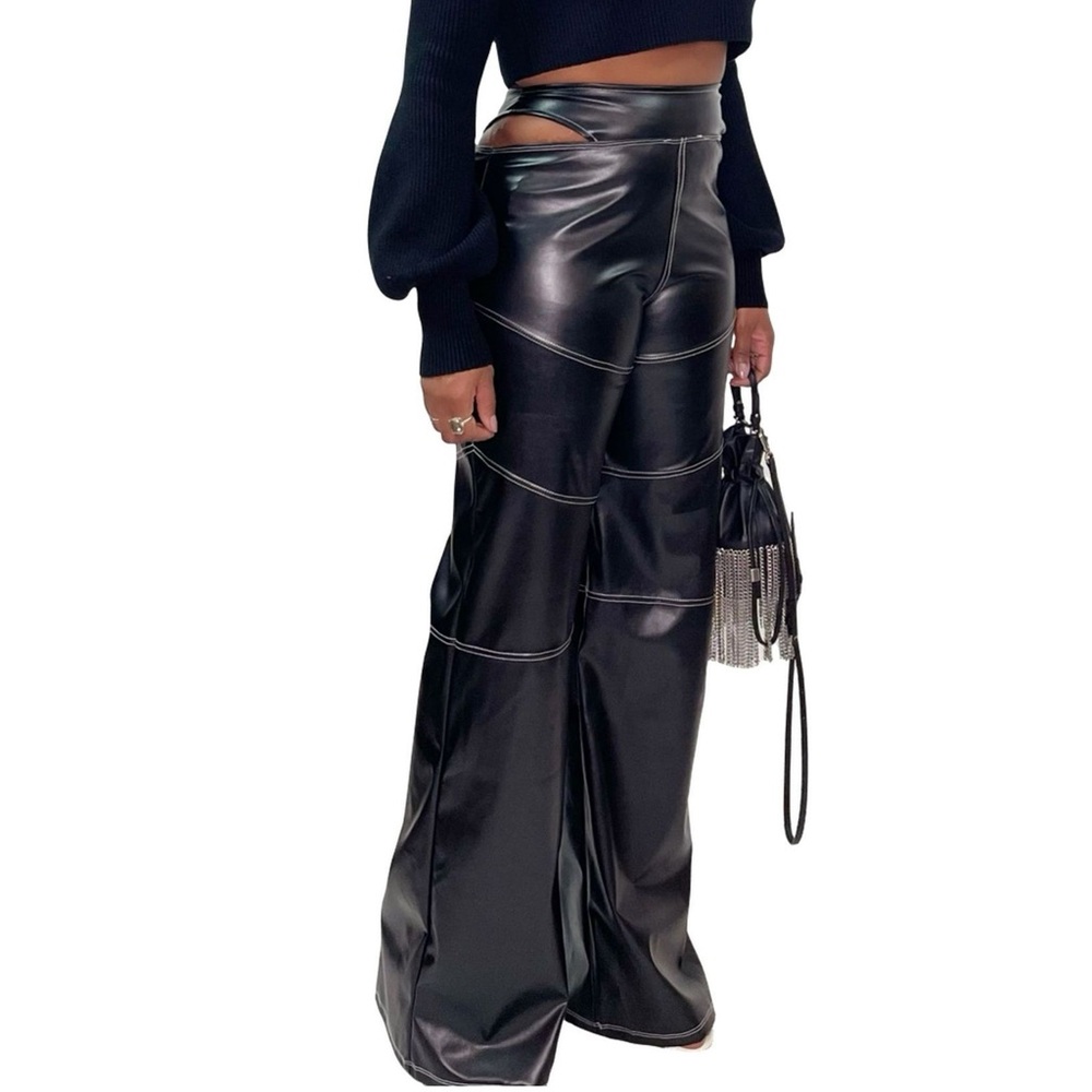 Cut-Out Wide-Leg Faux Leather Pants in Black
